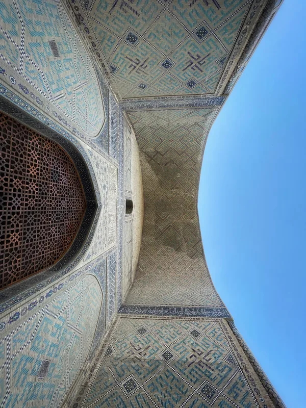 Ornate vaulted ceiling and blue sky